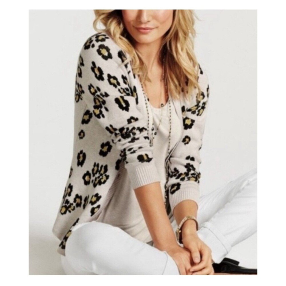 Cabi Kiki Cardigan Leopard Print Button Front Knit Cotton Long Sleeve Cream sz L